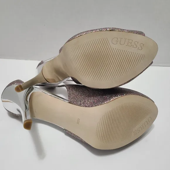Guess Gold Multi Texture Women's Glitter Peep Toe Heels  NWB Size 6.5