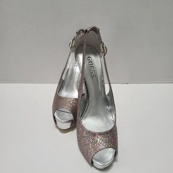 Guess Gold Multi Texture Women's Glitter Peep Toe Heels  NWB Size 6.5