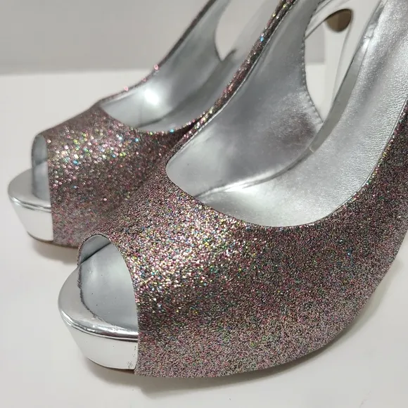 Guess Gold Multi Texture Women's Glitter Peep Toe Heels  NWB Size 6.5