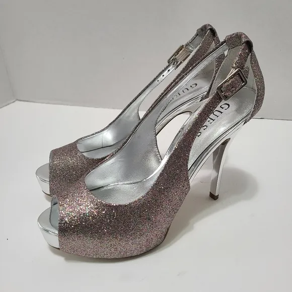 Guess Gold Multi Texture Women's Glitter Peep Toe Heels  NWB Size 6.5
