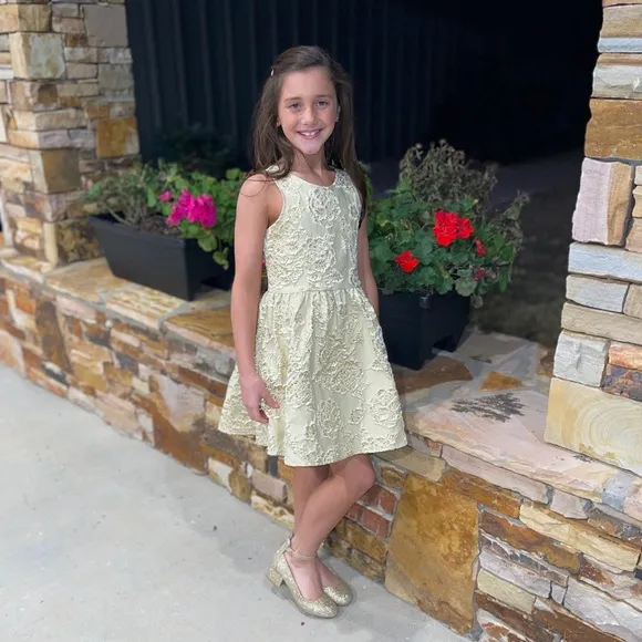 Hannah Banana Gold Elegant Shimmer Floral Girl’s Dress