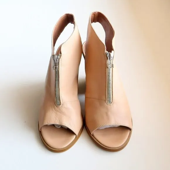 Hibou Nude Leather Peep Toe Block Heel Slingback Bootie Shoes Size 8.5