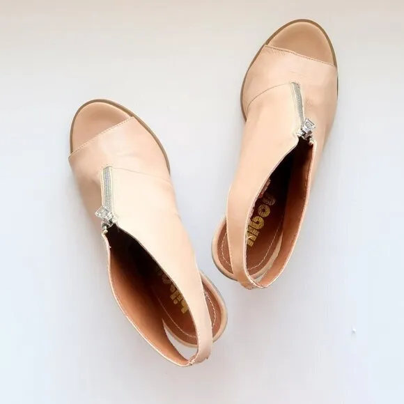Hibou Nude Leather Peep Toe Block Heel Slingback Bootie Shoes Size 8.5