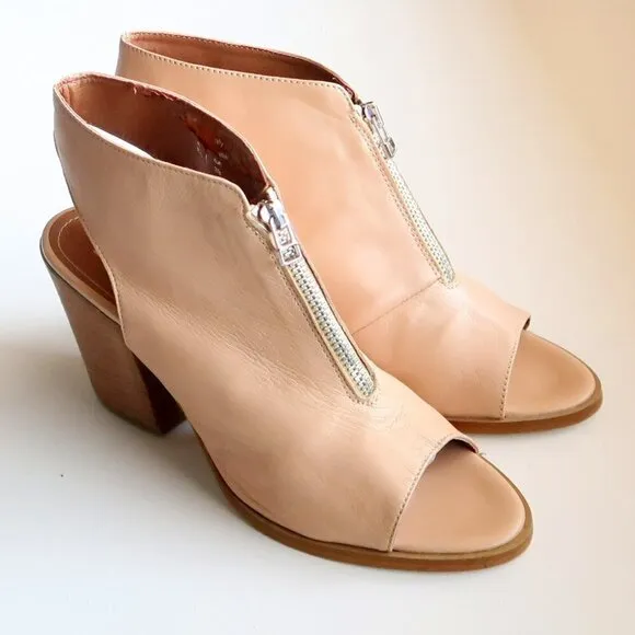 Hibou Nude Leather Peep Toe Block Heel Slingback Bootie Shoes Size 8.5