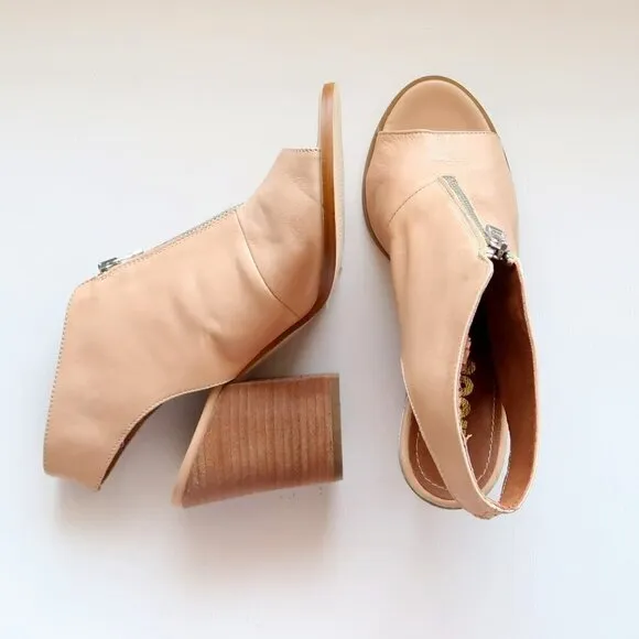 Hibou Nude Leather Peep Toe Block Heel Slingback Bootie Shoes Size 8.5