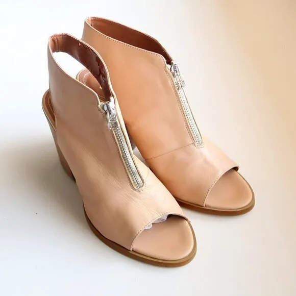 Hibou Nude Leather Peep Toe Block Heel Slingback Bootie Shoes Size 8.5