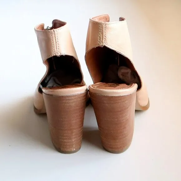 Hibou Nude Leather Peep Toe Block Heel Slingback Bootie Shoes Size 8.5