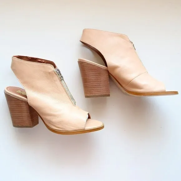 Hibou Nude Leather Peep Toe Block Heel Slingback Bootie Shoes Size 8.5