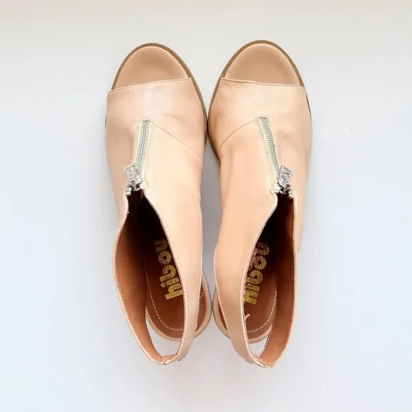 Hibou Nude Leather Peep Toe Block Heel Slingback Bootie Shoes Size 8.5