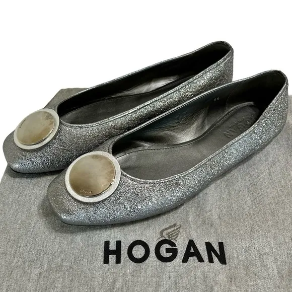 Hogan Silver Leather Wrap Metal Disc Ballet Flats - Women's Shoes Made in Italy