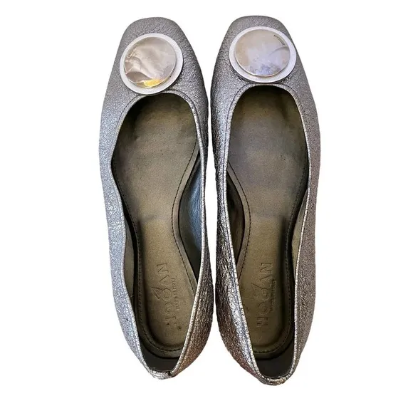 Hogan Silver Leather Wrap Metal Disc Ballet Flats - Women's Shoes Made in Italy