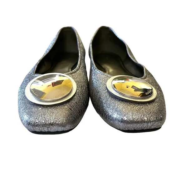 Hogan Silver Leather Wrap Metal Disc Ballet Flats - Women's Shoes Made in Italy