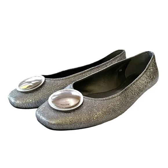 Hogan Silver Leather Wrap Metal Disc Ballet Flats - Women's Shoes Made in Italy