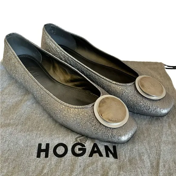 Hogan Silver Leather Wrap Metal Disc Ballet Flats - Women's Shoes Made in Italy