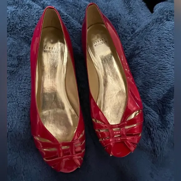 🎉HP🎉 Stuart Weitzman Candy Apple Red Patent Leather Peep Toe Flats