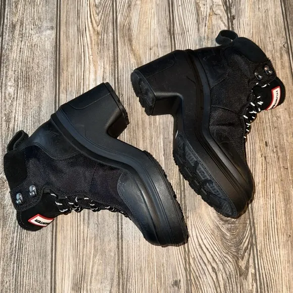 Hunter Women's Black Ankle Boots waterproof NEW 7 chunky heel platform leather