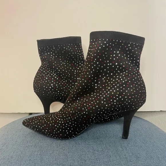 INC Black Rhinestone Padded Bray Pointed Toe Stiletto Booties size 10