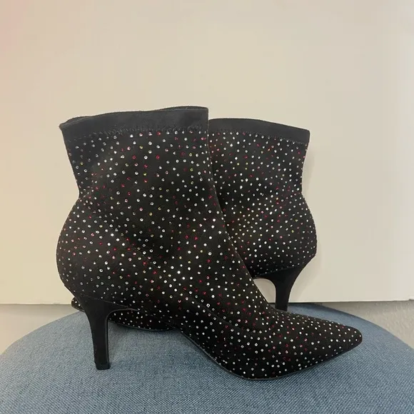 INC Black Rhinestone Padded Bray Pointed Toe Stiletto Booties size 10