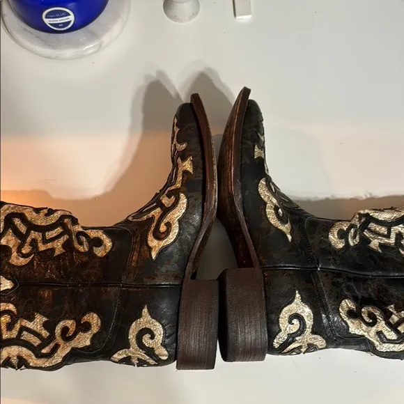 Intricate Brown Black and Tan Western Boots Square Toes Heel 1.5” Height 10-11”