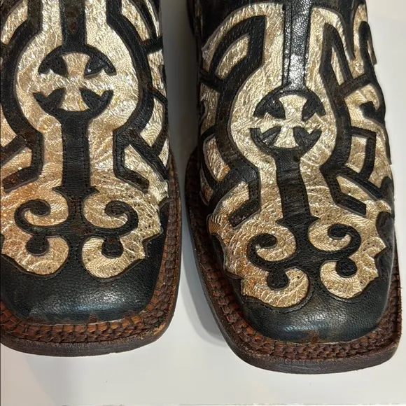 Intricate Brown Black and Tan Western Boots Square Toes Heel 1.5” Height 10-11”