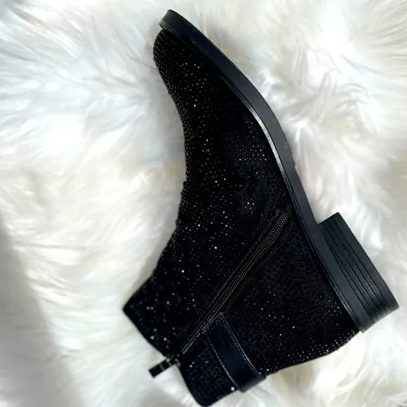 Italina Black Metallic Glitter Rhinestone Low Heel Comfy Slip-On Ankle Bootie