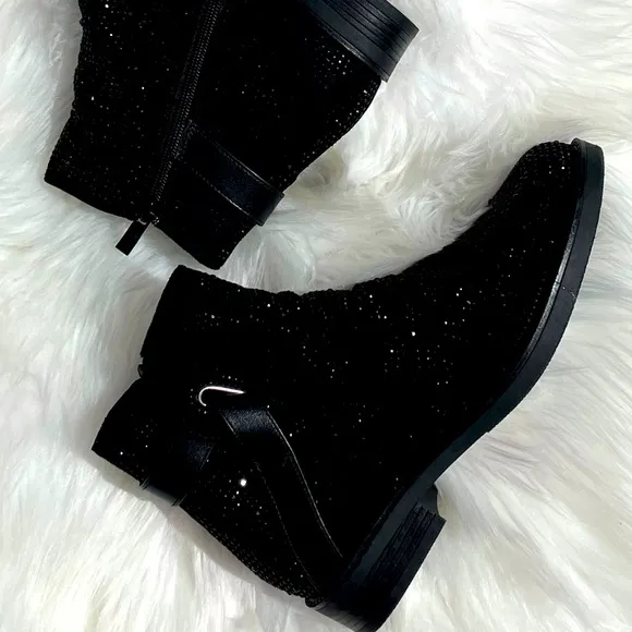 Italina Black Metallic Glitter Rhinestone Low Heel Comfy Slip-On Ankle Bootie