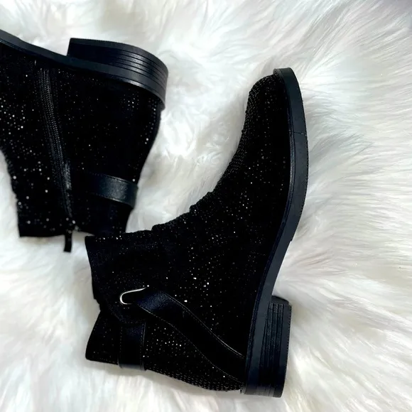 Italina Black Metallic Glitter Rhinestone Low Heel Comfy Slip-On Ankle Bootie