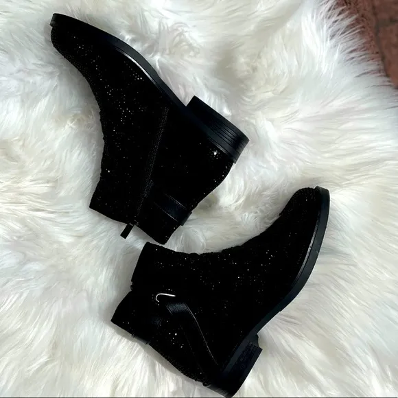 Italina Black Metallic Glitter Rhinestone Low Heel Comfy Slip-On Ankle Bootie