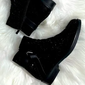 Italina Black Metallic Glitter Rhinestone Low Heel Comfy Slip-On Ankle Bootie