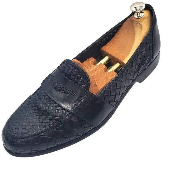 Italy Bragano Cole Haan Men's size 11 Black leather woven loafer dress shoes