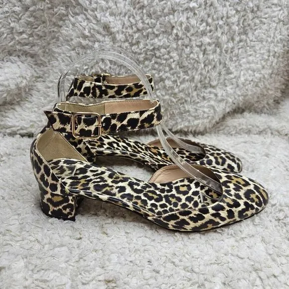 J. Crew Leather Leopard Print Made in Italy Ankle‎ Strap Block Heel Shoes Womens