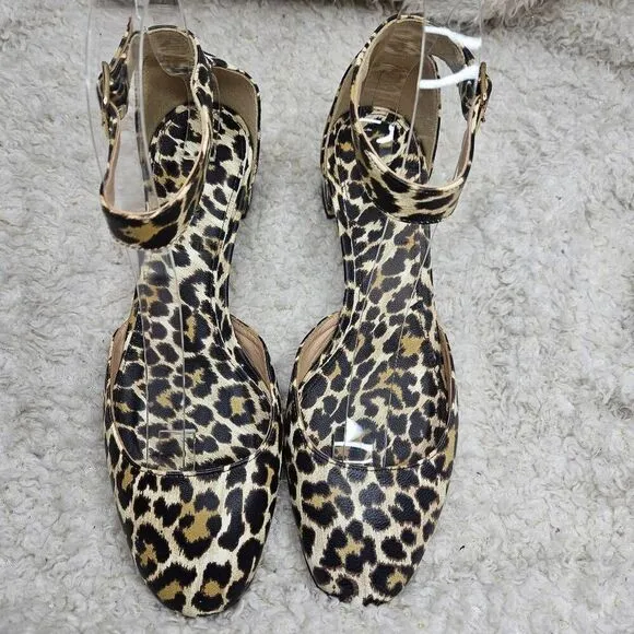 J. Crew Leather Leopard Print Made in Italy Ankle‎ Strap Block Heel Shoes Womens