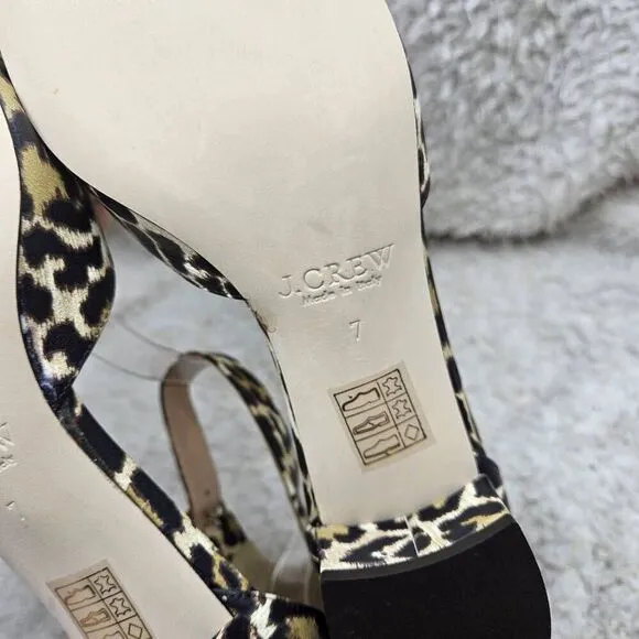 J. Crew Leather Leopard Print Made in Italy Ankle‎ Strap Block Heel Shoes Womens