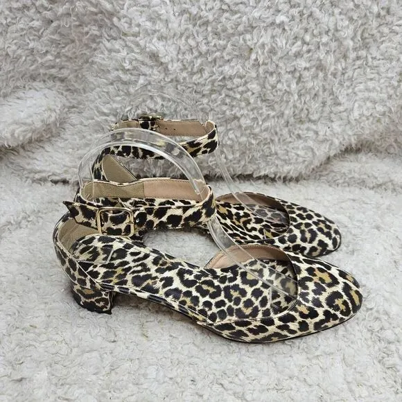 J. Crew Leather Leopard Print Made in Italy Ankle‎ Strap Block Heel Shoes Womens