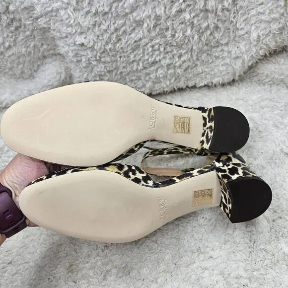 J. Crew Leather Leopard Print Made in Italy Ankle‎ Strap Block Heel Shoes Womens