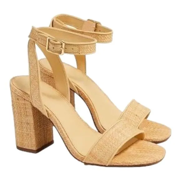 J Crew Shoes Women’s 7.5 Tan Raffia peep-toe Block Heels BN863 Ankle Strap