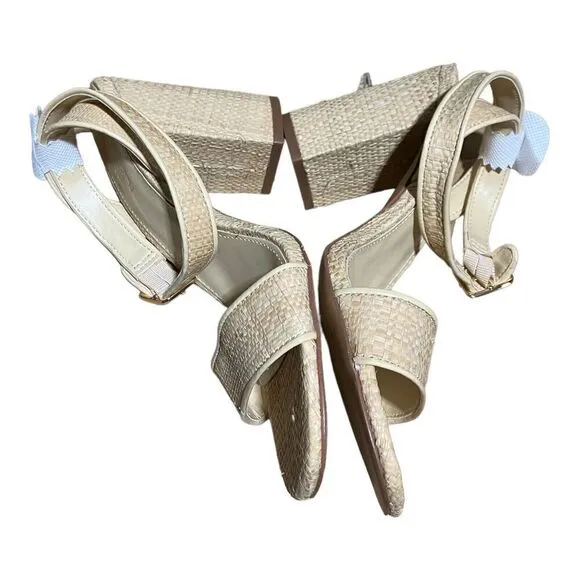 J Crew Shoes Women’s 7.5 Tan Raffia peep-toe Block Heels BN863 Ankle Strap