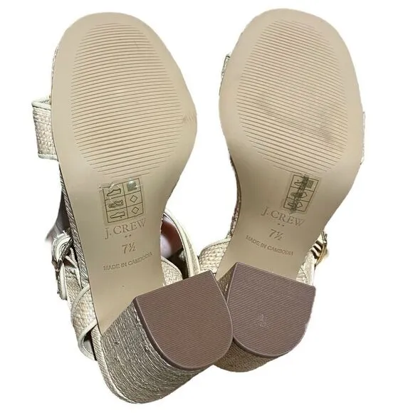 J Crew Shoes Women’s 7.5 Tan Raffia peep-toe Block Heels BN863 Ankle Strap