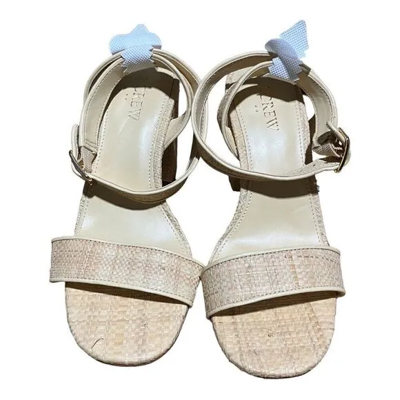 J Crew Shoes Women’s 7.5 Tan Raffia peep-toe Block Heels BN863 Ankle Strap