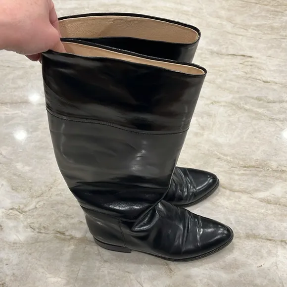 J Crew | Tall Leather Riding Boots - Low Heel, Leather Lined | Shiny Black | 8B