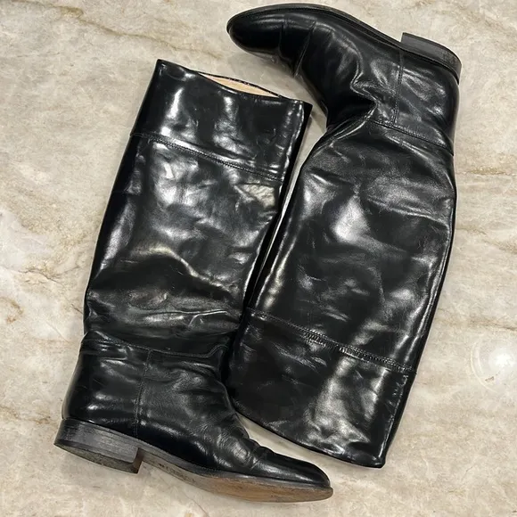 J Crew | Tall Leather Riding Boots - Low Heel, Leather Lined | Shiny Black | 8B