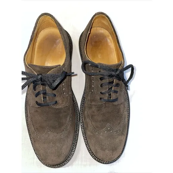 J. Crew Wingtip Dress Shoes Mens Sz 8.5 M Brown Suede Leather Oxfords Block Heel