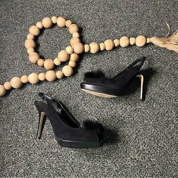 J RENEE Black Feather Flower Detail Open Toe Stiletto Pump Suede Heels Shoes 7.5