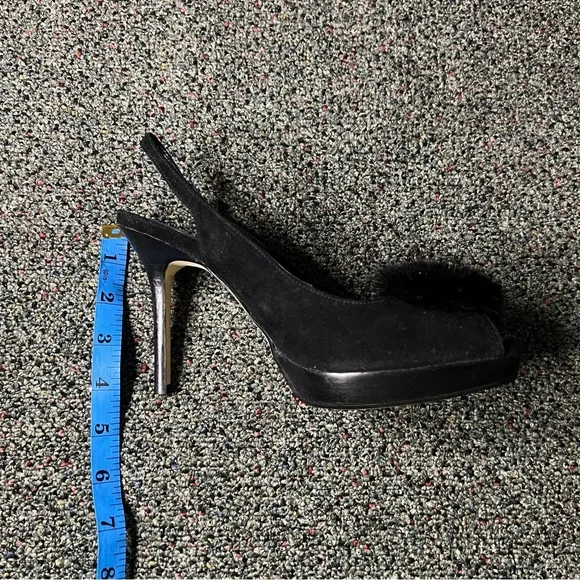 J RENEE Black Feather Flower Detail Open Toe Stiletto Pump Suede Heels Shoes 7.5