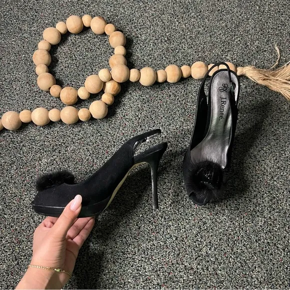 J RENEE Black Feather Flower Detail Open Toe Stiletto Pump Suede Heels Shoes 7.5