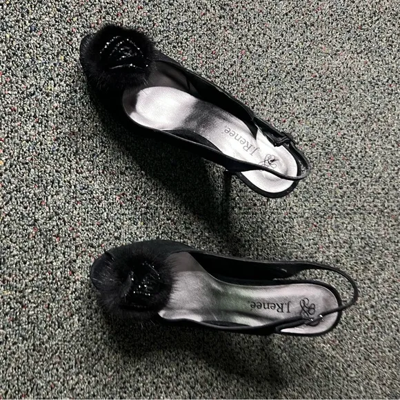 J RENEE Black Feather Flower Detail Open Toe Stiletto Pump Suede Heels Shoes 7.5