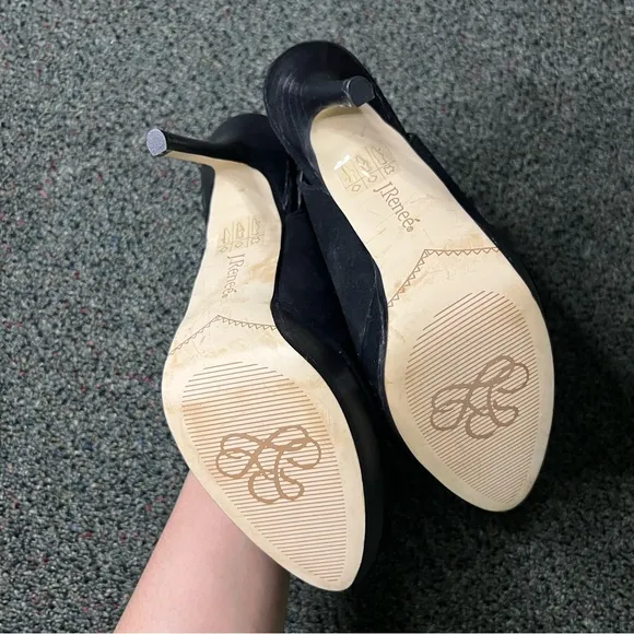 J RENEE Black Feather Flower Detail Open Toe Stiletto Pump Suede Heels Shoes 7.5
