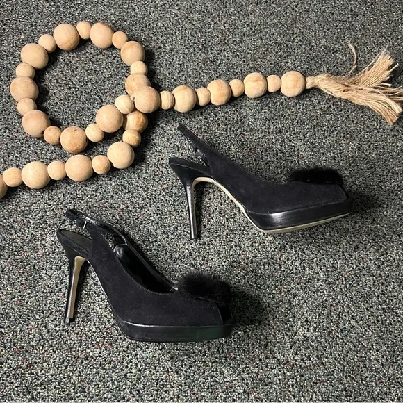J RENEE Black Feather Flower Detail Open Toe Stiletto Pump Suede Heels Shoes 7.5