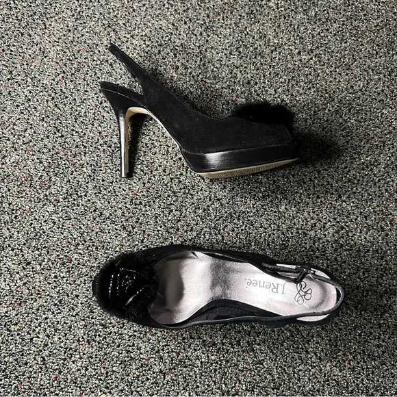 J RENEE Black Feather Flower Detail Open Toe Stiletto Pump Suede Heels Shoes 7.5