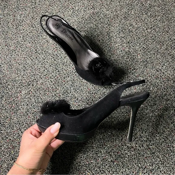 J RENEE Black Feather Flower Detail Open Toe Stiletto Pump Suede Heels Shoes 7.5